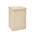 Beige linen-type laundry hamper with a fitted lid and two side handles