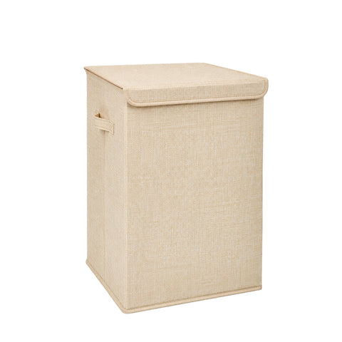 Beige linen-type laundry hamper with a fitted lid and two side handles