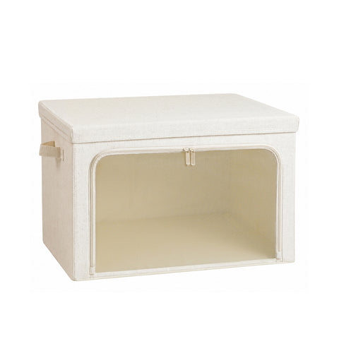 Large linen-blend stackable storage bin with lid and clear front opening
