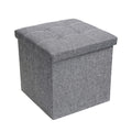 Gray linen-type 15-inch square storage ottoman with a tufted button top