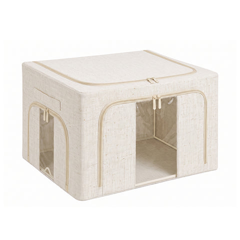 66L cotton-linen storage bin standing square, steel frame up, front and side windows visible