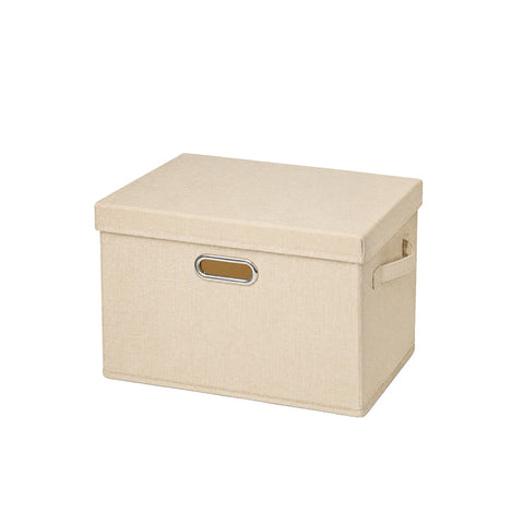 Linen-Type Storage Bin with Lid & Metal Label Holder - Beige