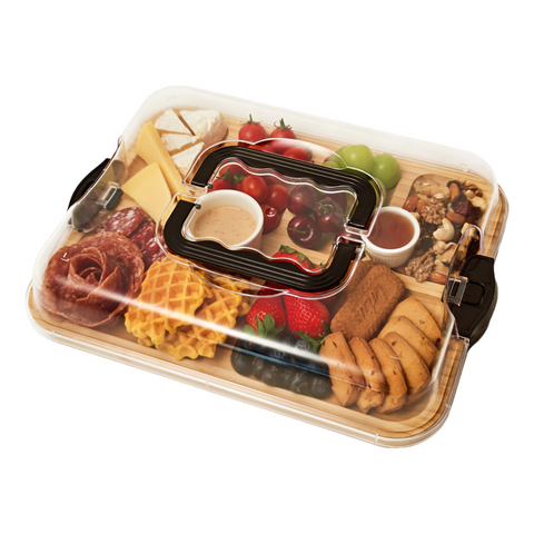 Zenstorge Bamboo Charcuetrie Board with Lid and Handle | Portable Travel Cheese Board for Charcuterie, Snacks | Housewarming Gifts for Weddings, Bridal Shower, Parties (6 Compartments,11x14 Inch）