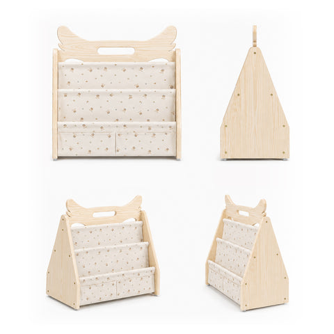 Double-Sided Kids’ Bookshelf with Fabric Sling Pockets