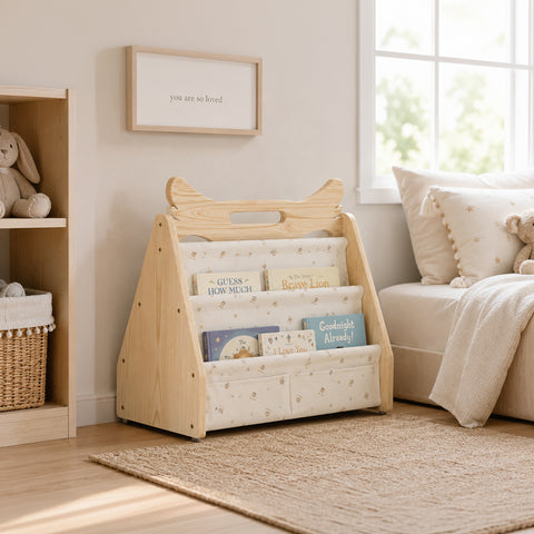 Double-Sided Kids’ Bookshelf with Fabric Sling Pockets