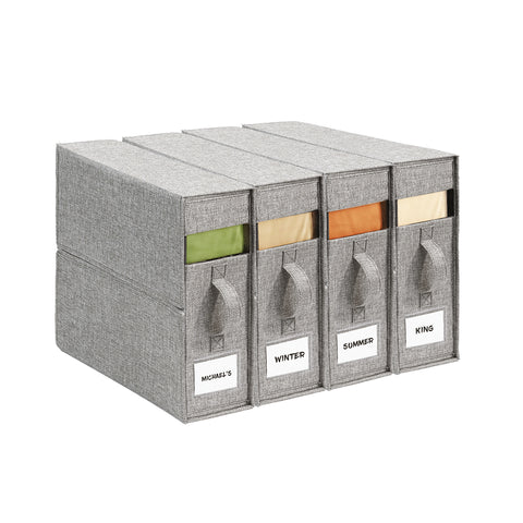 Four gray linen-type sheet organizers for King and Queen bedding, windows and labels facing forward