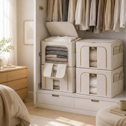 Stackable Clothes & Bedding Storage Bins with Lids, Clear Front Window & Side Pockets