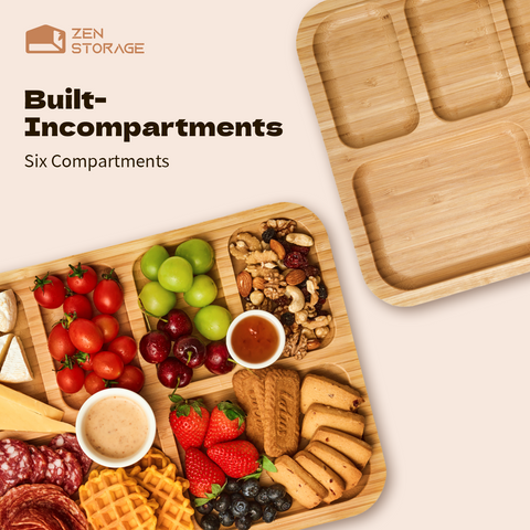 Zenstorge Bamboo Charcuetrie Board with Lid and Handle | Portable Travel Cheese Board for Charcuterie, Snacks | Housewarming Gifts for Weddings, Bridal Shower, Parties (6 Compartments,11x14 Inch）