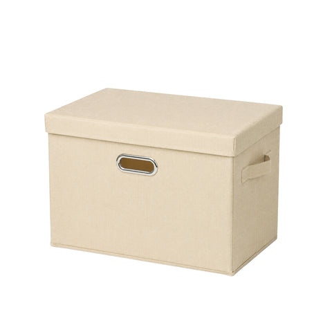 Linen-Type Storage Bin with Lid & Metal Label Holder - Beige