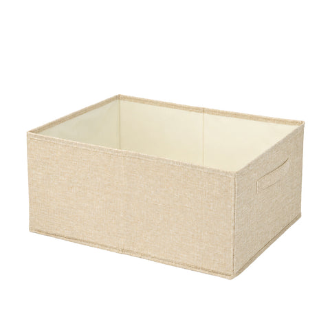 Beige large open-top storage basket with linen-type fabric and side handle
