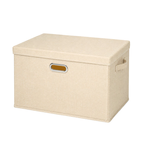 Linen-Type Storage Bin with Lid & Metal Label Holder - Beige