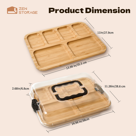 Zenstorge Bamboo Charcuetrie Board with Lid and Handle | Portable Travel Cheese Board for Charcuterie, Snacks | Housewarming Gifts for Weddings, Bridal Shower, Parties (6 Compartments,11x14 Inch）