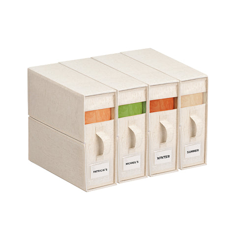 Four linen-blend bed sheet organizers with windows, handles and label holders