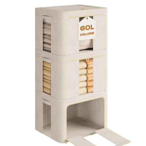 3Pack 60L Large Cloth Storage Bins with Metal Frame, Linen Storage Box with Clear Window, Stackable Sweater Storage for Closet, Clothes Containers for Comforters, Blankets, Quilts, T-shirt