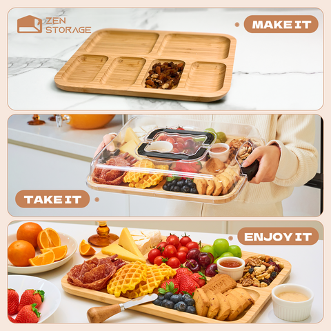 Zenstorge Bamboo Charcuetrie Board with Lid and Handle | Portable Travel Cheese Board for Charcuterie, Snacks | Housewarming Gifts for Weddings, Bridal Shower, Parties (6 Compartments,11x14 Inch）