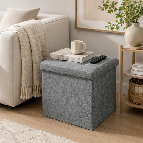 Square Fabric Storage Ottoman With Tufted Button Top - Beige