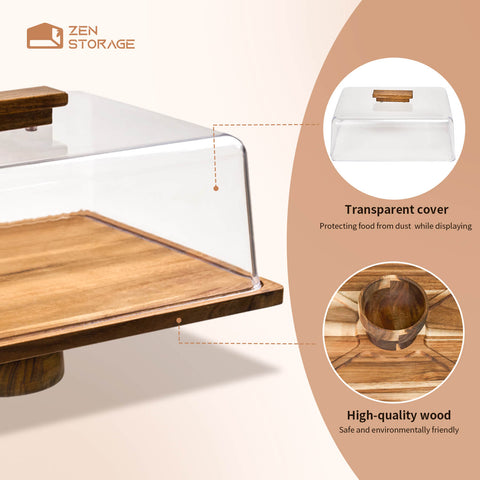 ZenStorage Rectangular Acacia Wood Cake Display Stand with Acrylic Dome Lid - 2-in-1 Footed Cake Holder, Cake Plate Display with Cover for Baking Gifts, Dessert Table Display Set & Charcuterie Board