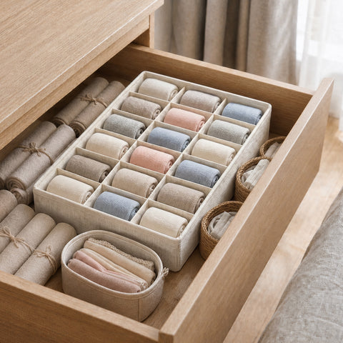 Linen-Blend Socks Drawer Organizer - 18 Compartments