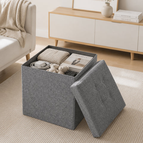 Square Fabric Storage Ottoman With Tufted Button Top - Beige