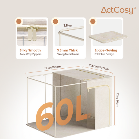 3Pack 60L Large Cloth Storage Bins with Metal Frame, Linen Storage Box with Clear Window, Stackable Sweater Storage for Closet, Clothes Containers for Comforters, Blankets, Quilts, T-shirt