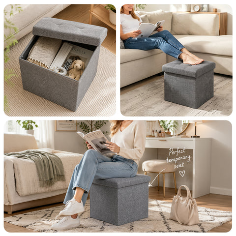 Square Fabric Storage Ottoman With Tufted Button Top - Beige