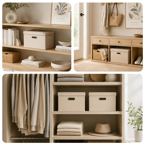 Linen-Type Storage Bin with Lid & Metal Label Holder - Gray