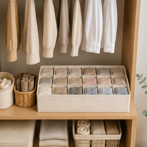 Linen-Blend Socks Drawer Organizer - 18 Compartments