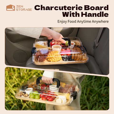 Zenstorge Bamboo Charcuetrie Board with Lid and Handle | Portable Travel Cheese Board for Charcuterie, Snacks | Housewarming Gifts for Weddings, Bridal Shower, Parties (6 Compartments,11x14 Inch）