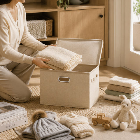 Linen-Type Storage Bin with Lid & Metal Label Holder - Gray