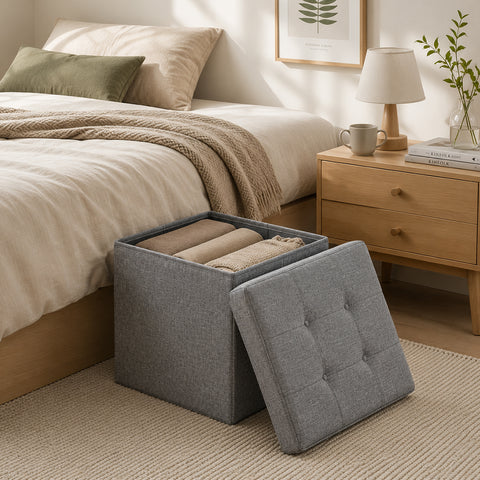 Square Fabric Storage Ottoman With Tufted Button Top - Beige