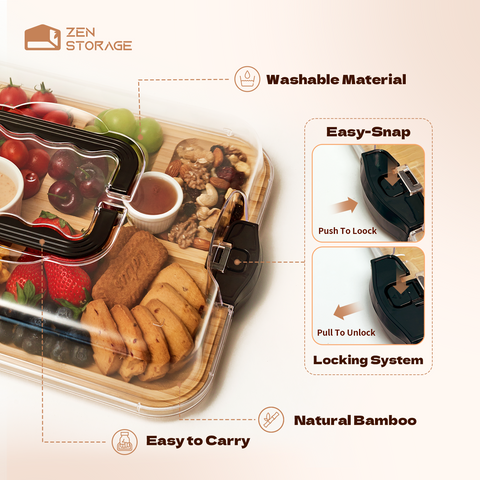 Zenstorge Bamboo Charcuetrie Board with Lid and Handle | Portable Travel Cheese Board for Charcuterie, Snacks | Housewarming Gifts for Weddings, Bridal Shower, Parties (6 Compartments,11x14 Inch）