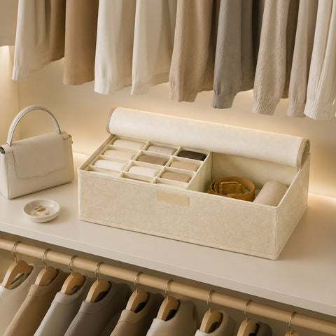 Linen-Type Cloth 2-In-1 Drawer Organizer With Lid