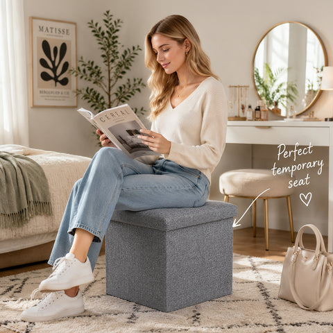 Square Fabric Storage Ottoman With Tufted Button Top - Beige