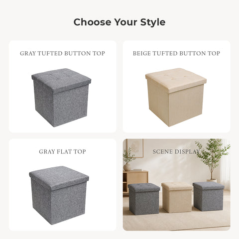 Square Fabric Storage Ottoman With Tufted Button Top - Beige