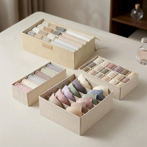 Linen-Type Cloth 2-In-1 Drawer Organizer With Lid