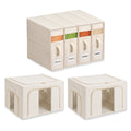 Six-piece linen closet organizer: four slim linen-blend sheet boxes and two 66L bins on a shelf
