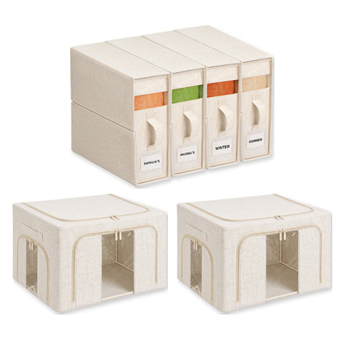 Six-piece linen closet organizer: four slim linen-blend sheet boxes and two 66L bins on a shelf
