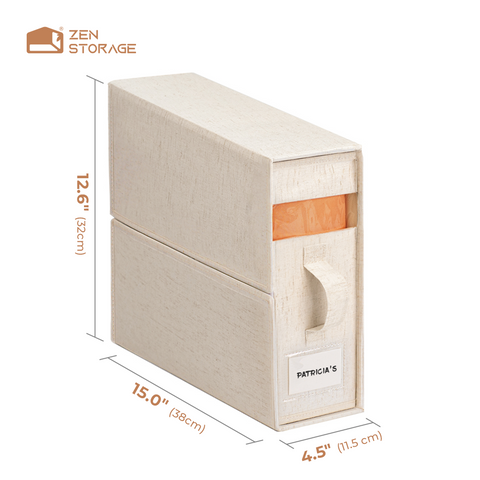 Slim linen-blend sheet organizer with size 15.0 by 4.5 by 12.6 inches